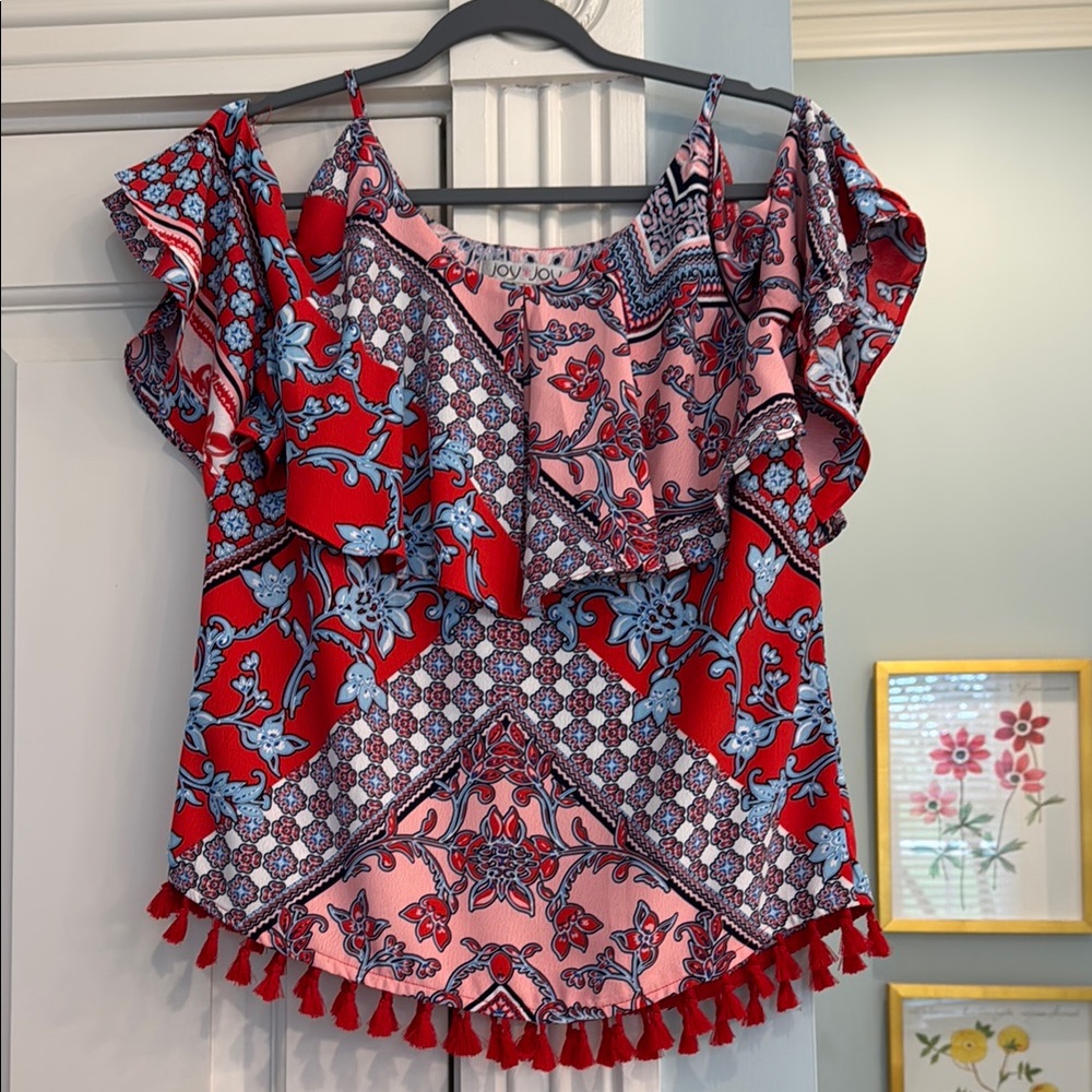 Joy Joy Asymmetrical Flutter Sleeve Blouse Red and Blue